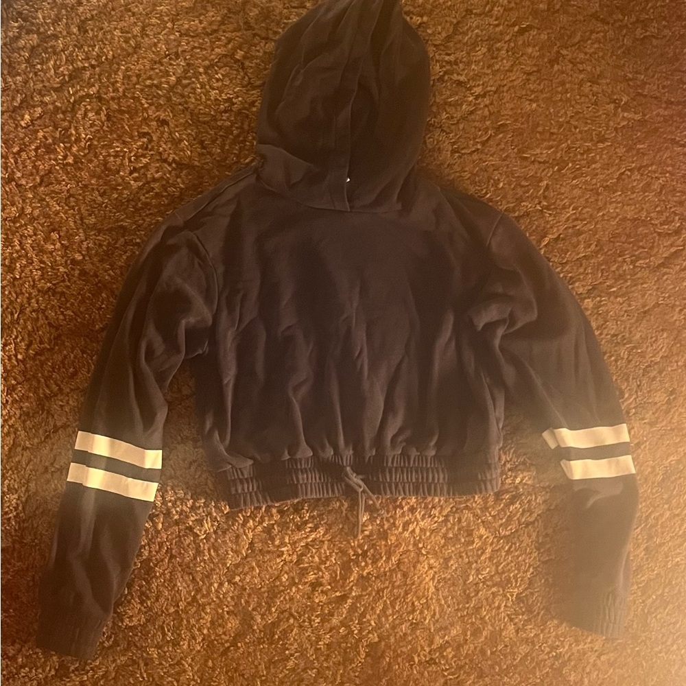 Dark Green Cropped Hoodie with White Stripe Detail